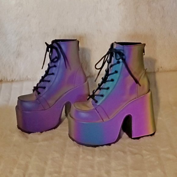 Camel Purple Green Reflective Rave Royalty Festival Platform Ankle Boots - Picture 14 of 15